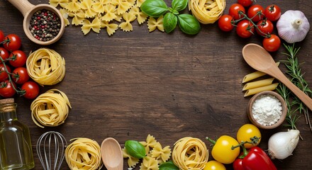 Rustic Italian Pasta Ingredients: Farfalle, Tagliatelle, Tomatoes, Basil, and Spices on Wood