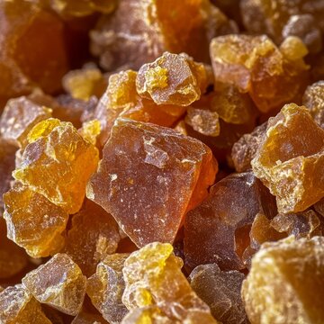 closeup of asafoetida resin chunks amber color and grainy texture macro spice photography ting