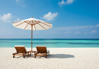 Two deckchairs under an umbrella on a beautiful tropical beach