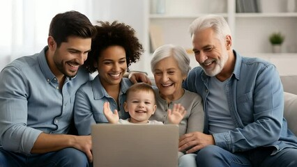 Family video chats on laptop, smiling, waving, laughing. Generational connection, celebrating holidays, remote communication, family time, web conferencing, happy reunion, lifestyle. - Powered by Adobe