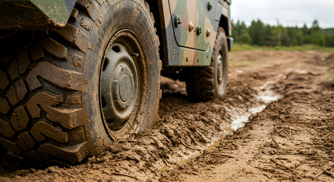 Military off-road vehicle navigating a muddy and challenging terrain, showcasing its powerful tires and robust construction for extreme conditions.