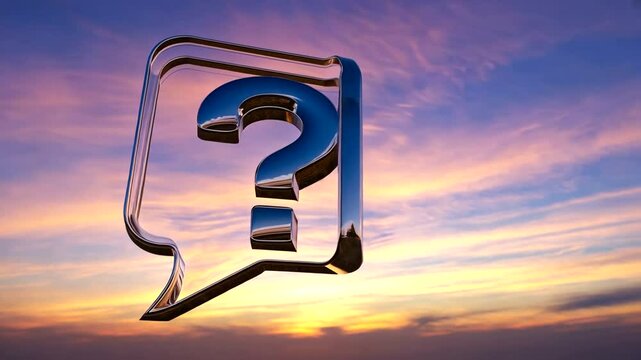A reflective question mark symbolizing inquiry against a vibrant sunset backdrop, evoking curiosity