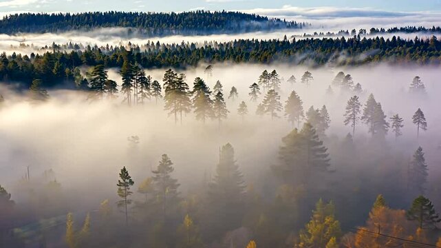 A serene aerial view of a misty forest landscape at dawn, showcasing lush trees and fog