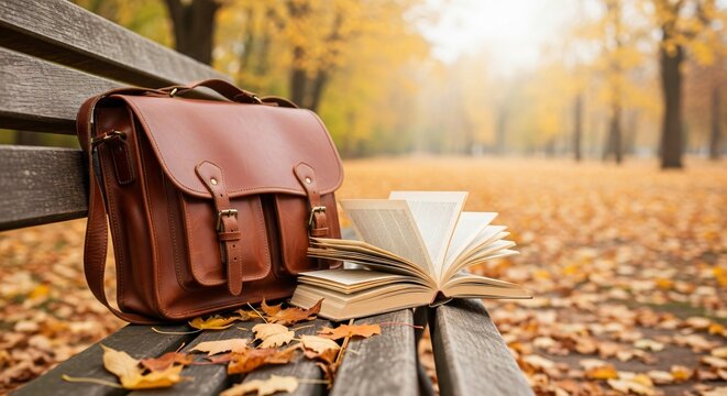 Autumn vibes. Leather satchel and open book on a park bench surrounded by fallen leaves. Ideal for back-to-school, education, reading, or fall themes.