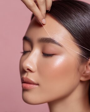 Closeup of a Thai woman receiving eyebrow threading flawless skin natural beauty expression clean studio lighting isolated on a pastel background