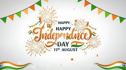 An artistic greeting design shows Happy Independence Day India 15th August in bold decorative calligraphy with elegant layout