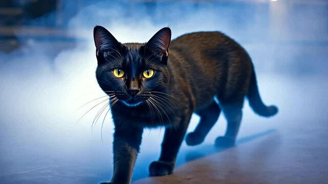 A sleek black cat prowls through a misty environment, showcasing its agility and stealth