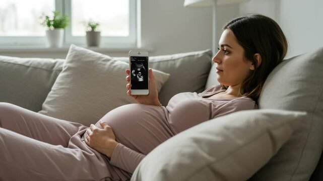 Serene pregnant woman rests on sofa, bonding with unborn child via ultrasound image on phone
