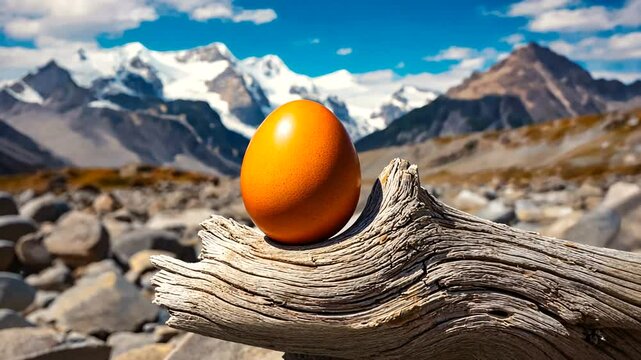 A solitary orange egg balanced on a weathered log in a stunning mountain landscape under a bright sky
