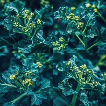 closeup of broccoli rabe with delicate green leaves and tender stems, macro leafy vegetable photography Variations Strong by relaxed