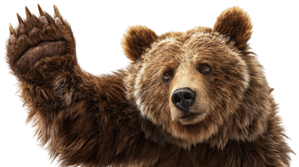Brown bear waving front paw isolated on transparent background 