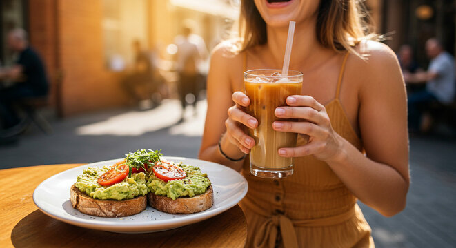 Woman laughing while holding an iced coffee and avocado toast at an outdoor café