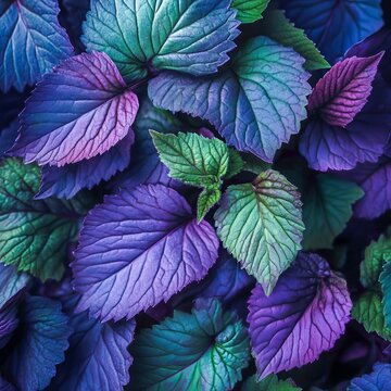 closeup of fresh shiso leaves with deep green and purple tones macro herb texture  clean background