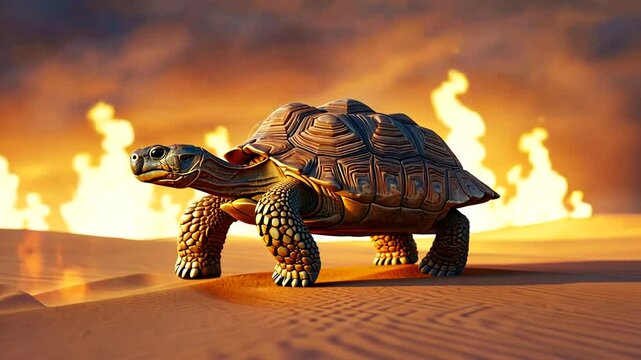 A tortoise navigating through a fiery desert landscape at sunset, symbolizing resilience