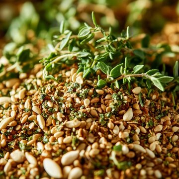 closeup of fresh za&rsquo;atar herb mix with green thyme leaves and sesame seeds macro Mediterranean spice photography background