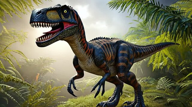 A vibrant dinosaur stands amidst lush greenery, roaring in a prehistoric jungle scene