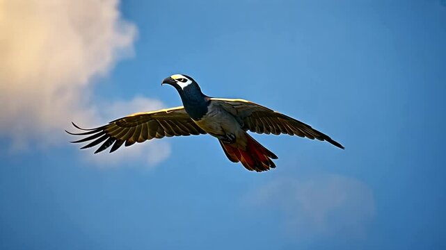 A vibrant parrot soaring through a clear blue sky with fluffy clouds in the background