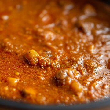 closeup of Ghanaian palm nut soup fermenting rich redorange texture macro African stew dish with fermented ingredients