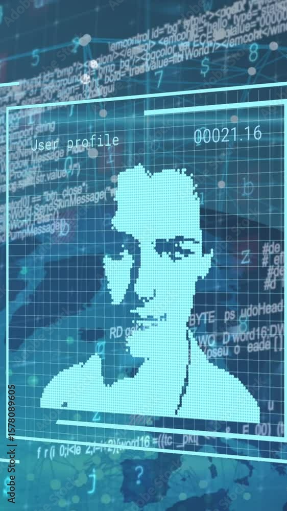 Poster animation of user photos and data processing over globe on navy background