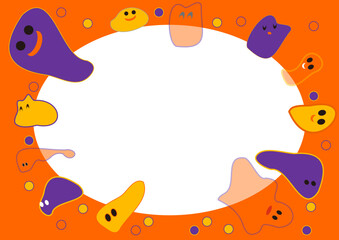 テーブルを囲むおばけたちオレンジ背景・かわいい・コミカル・halloween,ハロウィン,