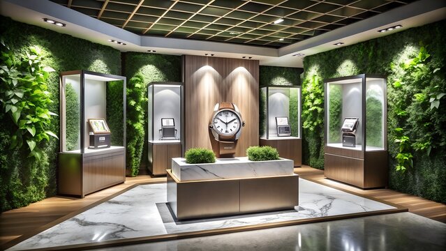 A luxury watch is displayed in an elegant retail store with a modern design - Powered by Adobe