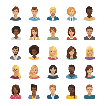 Funny cartoon people icons: a diverse set of vector avatars including businessmen, women, boys, girls, and families