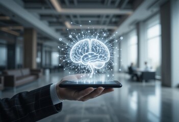 Brain simulation concept with futuristic technology displayed on smartphone