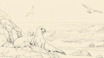 Fototapeta premium Seascape with seals and seabirds
