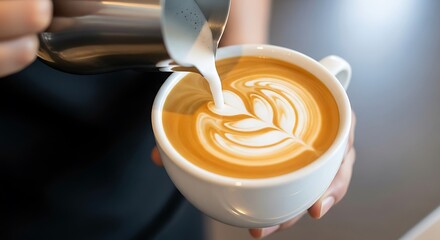 Expertly Crafted Latte Art: Milk Pouring Over Intricate Design