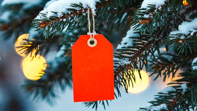 A vibrant red tag hanging from a snow-covered evergreen tree with blurred lights in the background