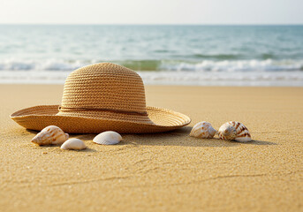 A straw hat and seashells rest on the sandy beach by the ocean
