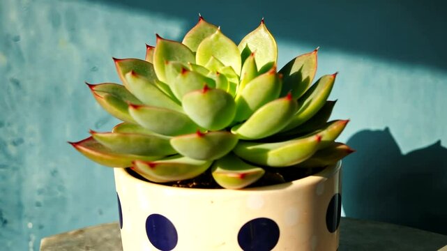 A vibrant succulent plant in a polka-dotted pot, basking in sunlight against a blue wall