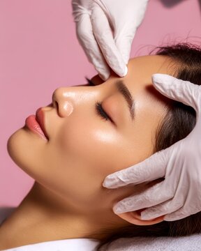 Closeup of an Asian woman receiving whitehead removal flawless skin serene expression clean studio lighting isolated on a pastel background professional beauty shot