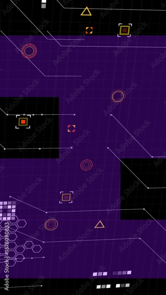 Poster animation of data processing over purple shapes on black background
