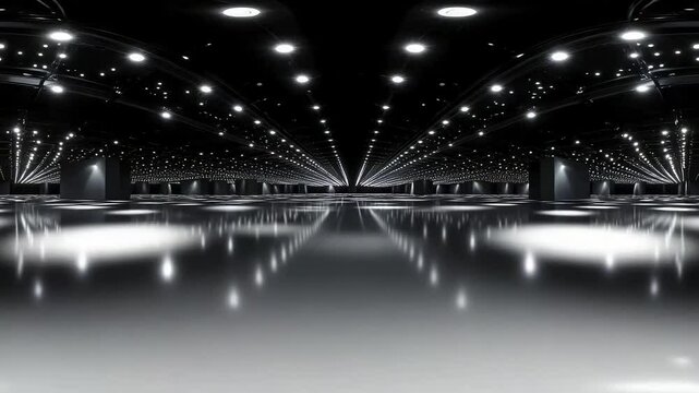 Expansive futuristic hall illuminated by countless bright lights creating stunning reflections on a glossy .