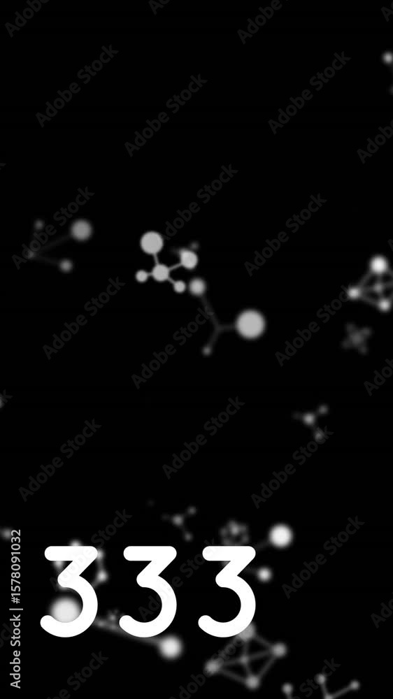 Poster digital animation of increasing numbers over molecular structures floating against black background