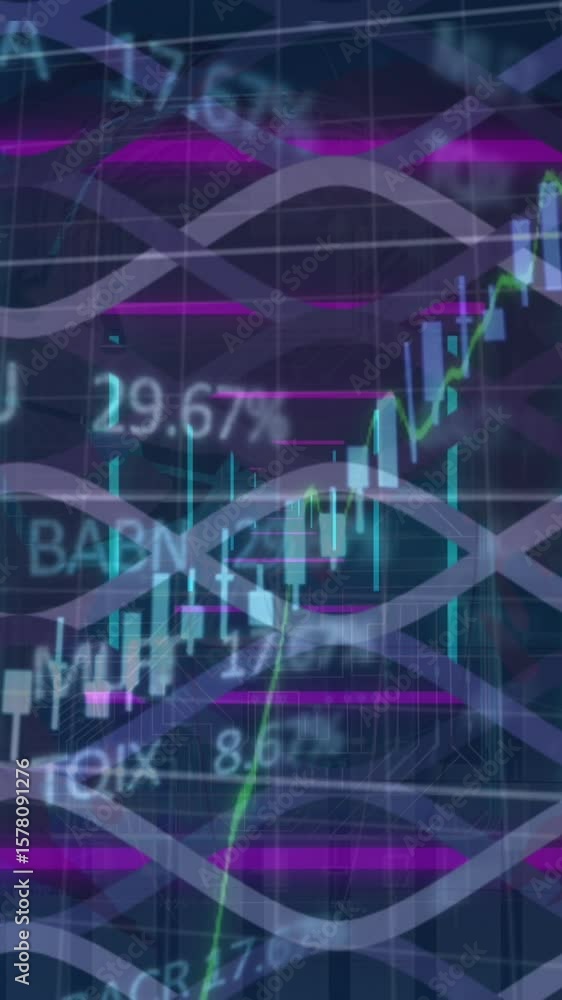 Poster animation of shapes over data processing and neon tunnel on black background