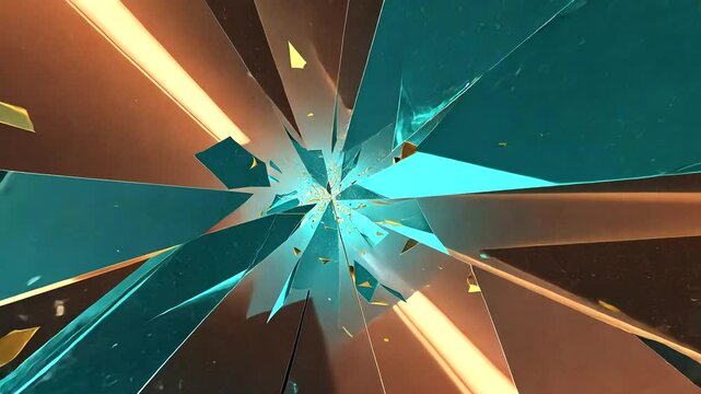 Abstract representation of shattered glass with vibrant turquoise and gold reflections