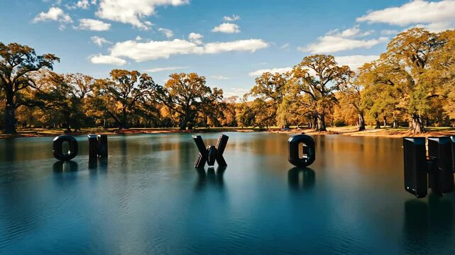 Artistic installation of large letters emerging from a tranquil lake surrounded by autumn trees