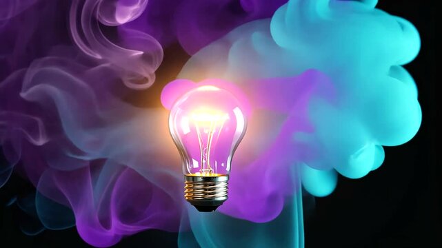 Bright light bulb surrounded by colorful smoke, creating an artistic and vibrant atmosphere