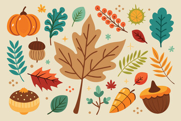 Obraz premium Autumn Harvest Collection of Leaves Pumpkins and Acorns