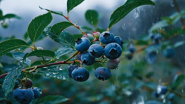 Close-up of fresh blueberries on a branch with dew drops, set against a misty forest background
