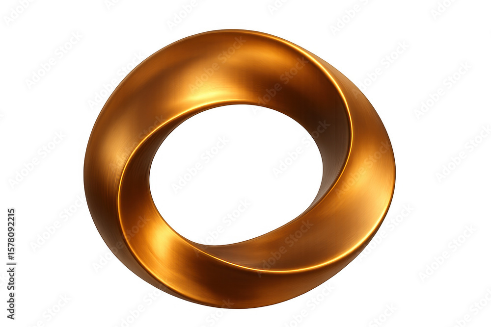 Poster golden mobius strip rotating, transparent background, infinite mathematical loop spinning, 3d render
