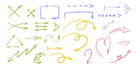 Grunge chalk textured thin arrows set. Pointer brush stroke symbol. Pencil charcoal freehand direction. Scribble curve, wavy, round, heart sketch arrow. Doodle hand drawn isolated vector illustration.