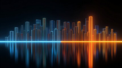 Cityscape Outline with Vibrant Light and Reflections