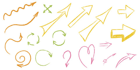 Fototapeta premium Grunge chalk textured thin arrows set. Pointer brush stroke school symbol. Pencil charcoal freehand direction. Scribble curve, wavy, love sketch arrow. Doodle hand drawn isolated vector illustration.
