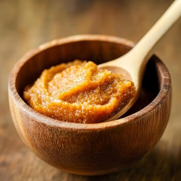 closeup of miso paste in wooden bowl with spoon textured golden brown fermentation detail macro Japanese ingredient photography clean light