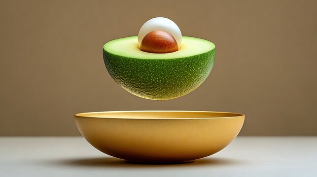 Levitating Half Avocado with Glowing Pearl in Center &ndash; Minimalist Food Art on Beige Background