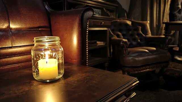 Cozy vintage living room with candlelit ambiance, featuring leather furniture and warm decor