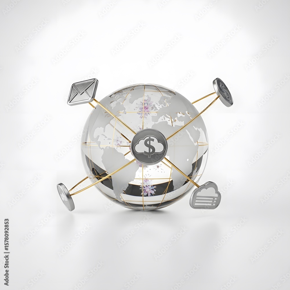 Poster conceptual globe illustrating global finance data exchange and network connections on white backgrou